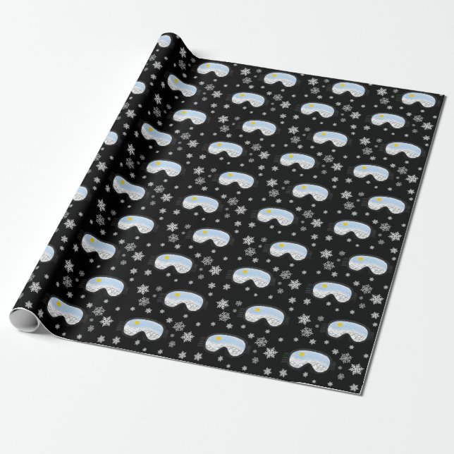Ski Goggles Mountain View Snowflakes Black Wrapping Paper (Unrolled)