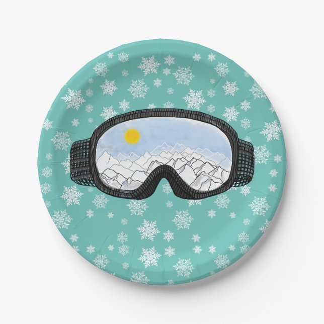 Ski Goggles Mountain View Snowflakes Blue Paper Plate (Front)