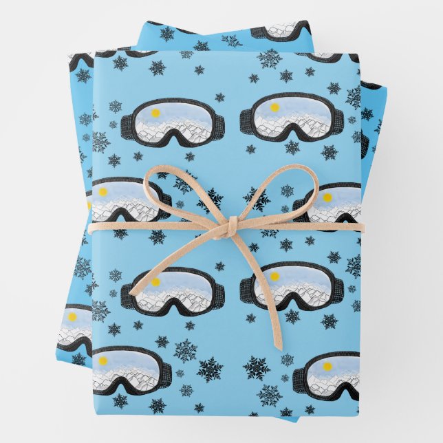 Ski Goggles Mountain View Snowflakes Blue  Wrapping Paper Sheet (In situ)