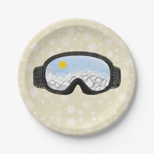 Ski Goggles Mountain View Snowflakes Off White   Paper Plate
