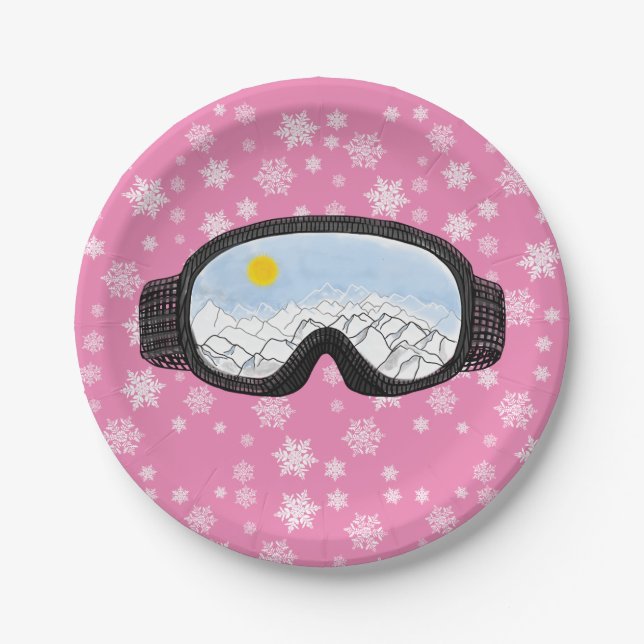 Ski Goggles Mountain View Snowflakes Pink Paper Plate (Front)