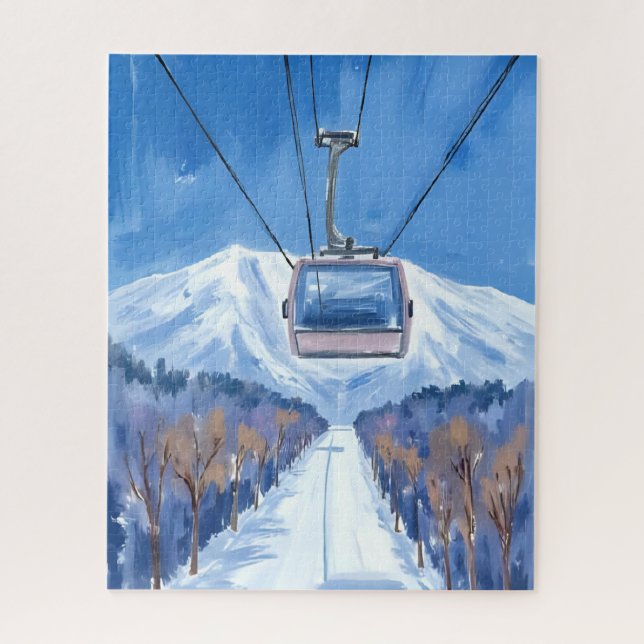 Ski Gondola Snow Mountain Watercolor Jigsaw Puzzle (Vertical)