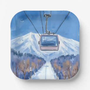 Ski Gondola Snow Mountain Watercolor Paper Plate