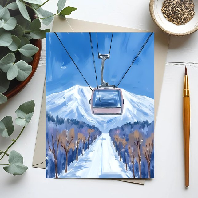 Ski Gondola Snow Mountain Watercolor Postcard (Creator Uploaded)