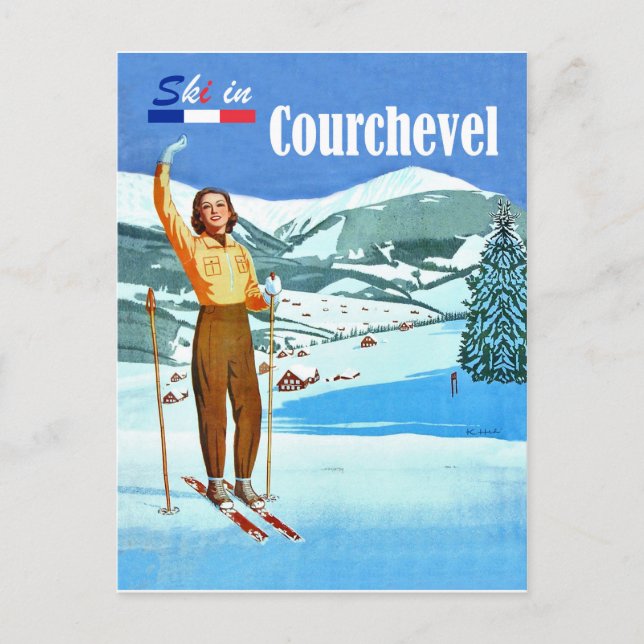 Ski in Courchevel, woman on ski, France Postcard (Front)
