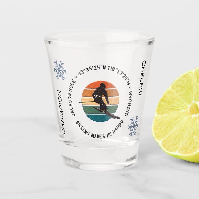 Ski Jackson Hole, Wyoming - Man Skier, Black Text Shot Glass (Front)