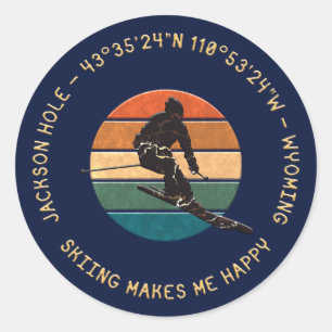 Ski Jackson Hole, Wyoming - Man Skier, Golden Text Classic Round Sticker