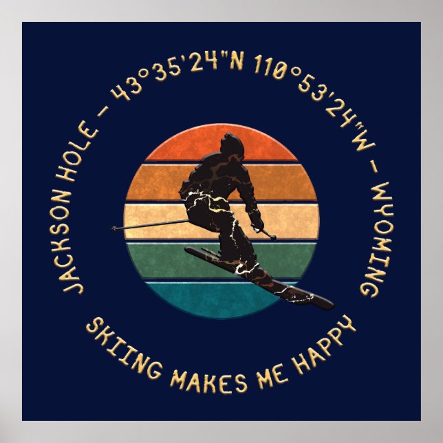 Ski Jackson Hole, Wyoming - Man Skier, Yellow Text Poster (Front)