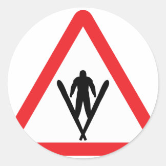 ski jump warning sign classic round sticker