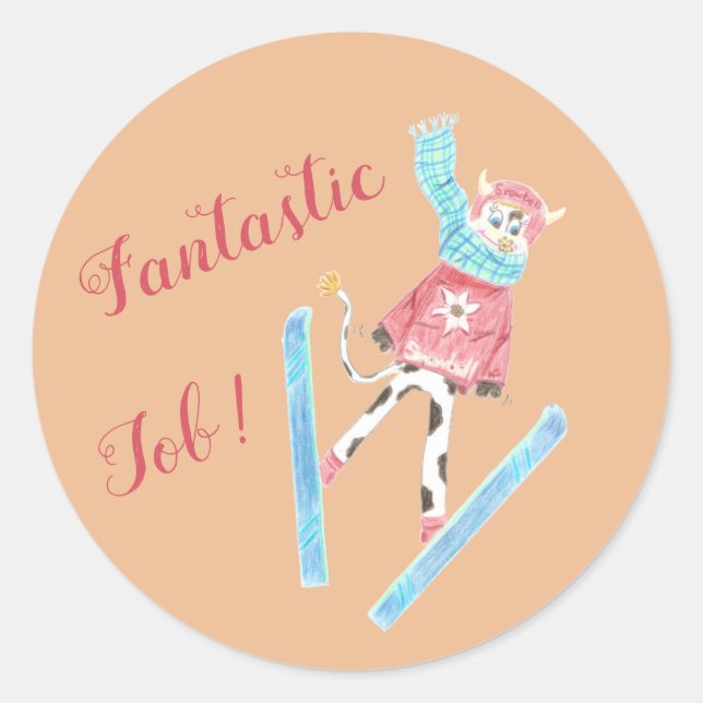 Ski jumping cow , fantastic job - Reward Stickers (Front)