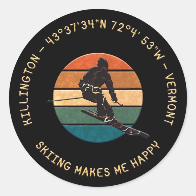 Ski Killington, Vermont - Man Skier, Yellow Text Classic Round Sticker (Front)
