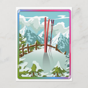 Ski landscape cartoon holiday postcard