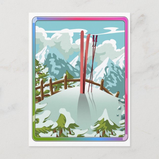 Ski landscape cartoon invitation postcard (Front)