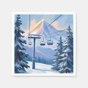 Ski Lift   Mountain Winter Watercolor Skiing Napkin