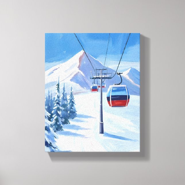 Ski Lift | Snow Mountain Gondola Watercolor Canvas Print (Front)