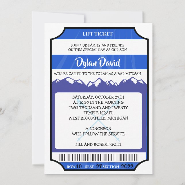 SKI LIFT TICKET Bar Bat Mitzvah Invitation (Front)