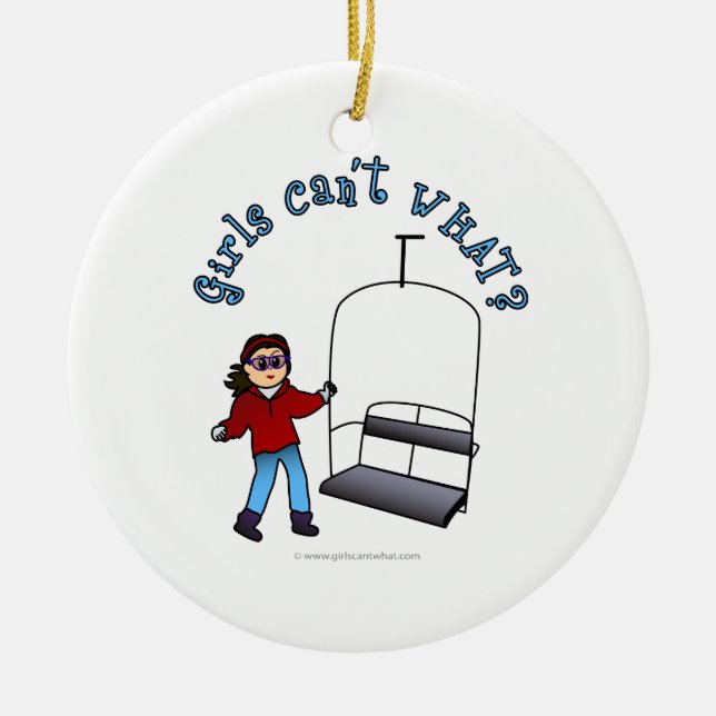 Ski Liftie Girl Ceramic Tree Decoration (Front)