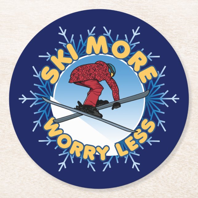 Ski More Worry Less | Skiing Quote Round Paper Coaster (Front)