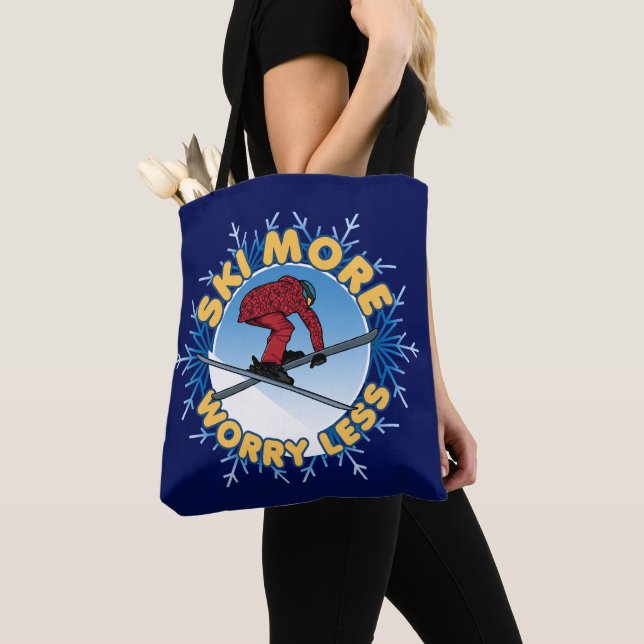 Ski More Worry Less | Skiing Quote Tote Bag (Close Up)