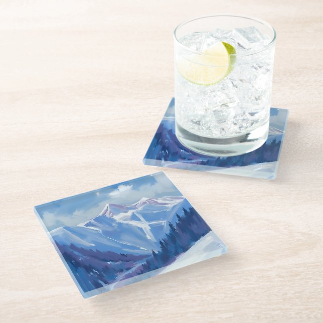 Ski Mountain | Blue Watercolor Mountain Range Glass Coaster (Angled)