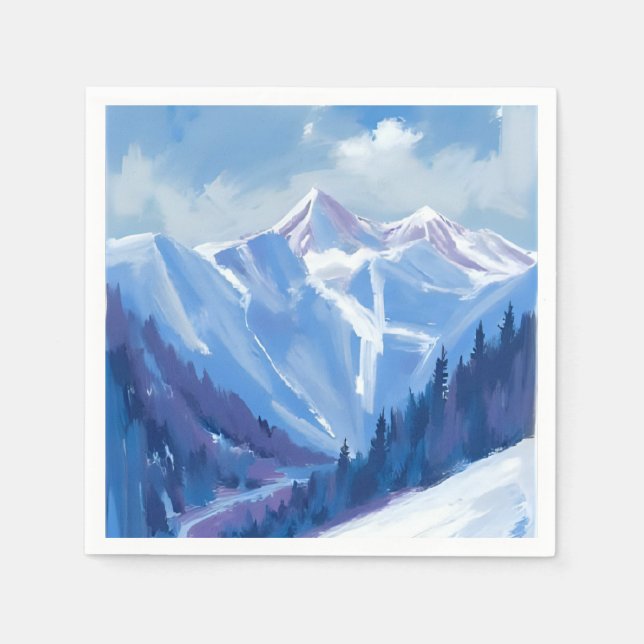 Ski Mountain | Blue Watercolor Mountain Range Napkin (Front)