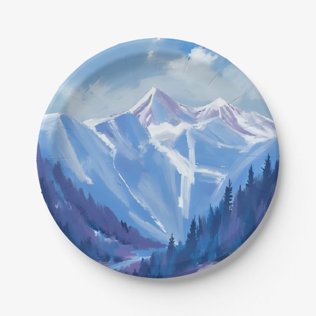 Ski Mountain | Blue Watercolor Mountain Range Paper Plate (Front)