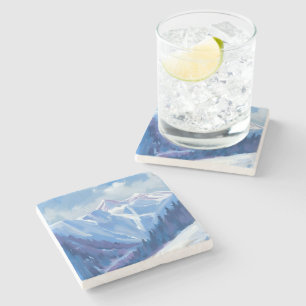 Ski Mountain Blue Watercolor Mountain Range Stone Coaster