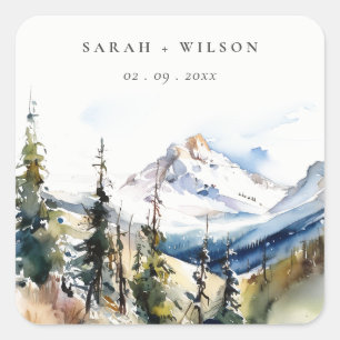 Ski Mountain Telluride Colorado Watercolor Wedding Square Sticker