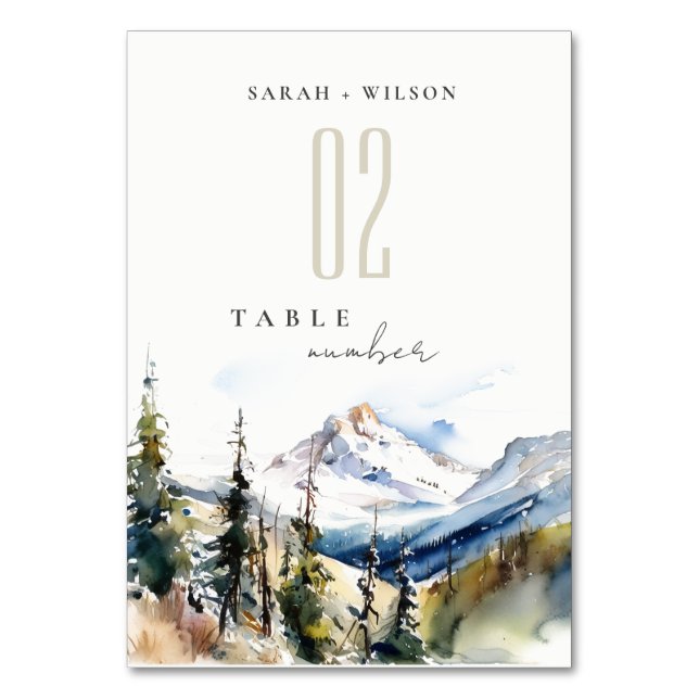 Ski Mountain Telluride Colorado Watercolor Wedding Table Number (Front)