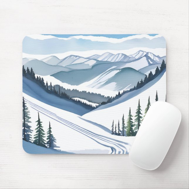 Ski Mountain Watercolor Mouse Mat (With Mouse)