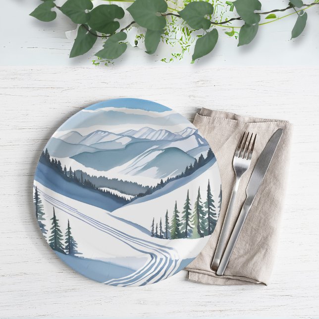 Ski Mountain Watercolor Paper Plate (Creator Uploaded)