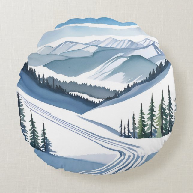 Ski Mountain Watercolor Round Cushion (Front)