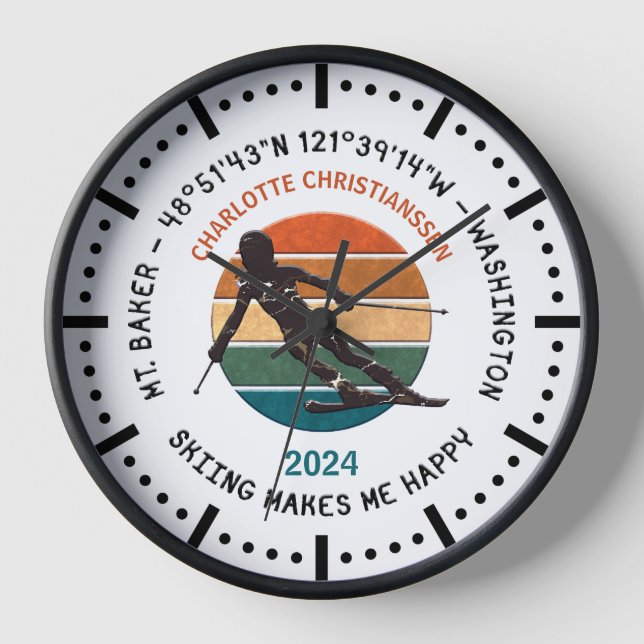Ski Mt. Baker, Washington - Lady Skier, Black Text Clock (Front)