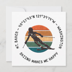 Ski Mt. Baker, Washington - Lady Skier, Black Text Holiday Card