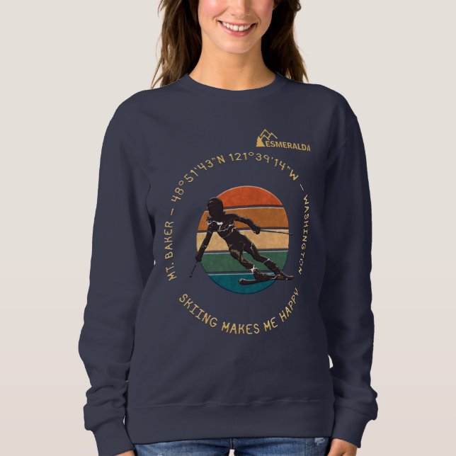 Ski Mt. Baker, Washington - Lady Skier Yellow Text Sweatshirt (Front)
