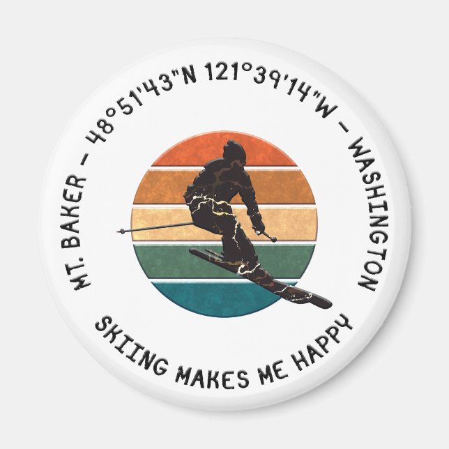 Ski Mt. Baker, Washington - Man Skier, Black Text Magnet (Front)