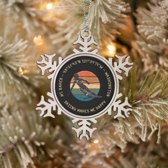 Ski Mt. Baker, Washington - Woman Skier On Dark Snowflake Pewter Christmas Ornament (Tree)