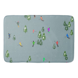 Ski Opening Christmas Skiing Holiday Skiers Blue  Bath Mat