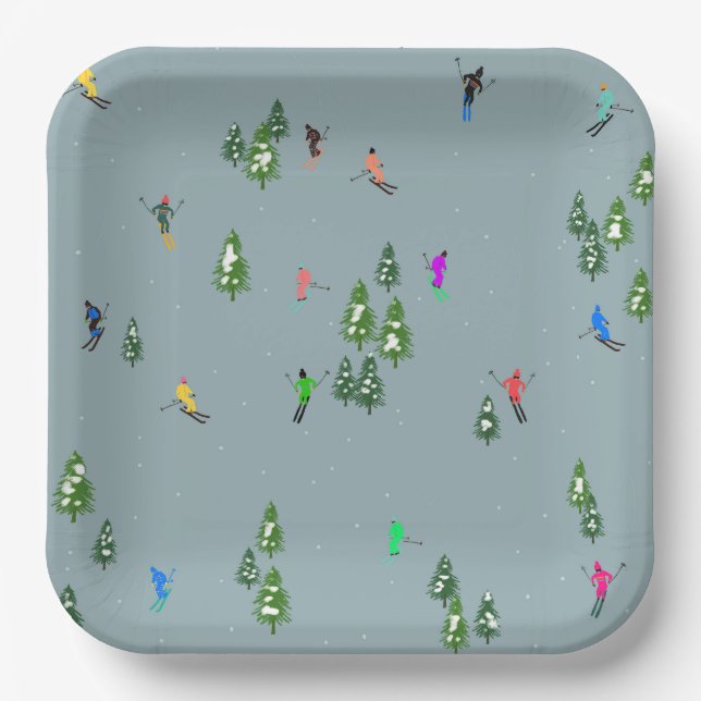  Ski Opening Christmas Skiing Holiday Skiers Blue  Paper Plate (Front)