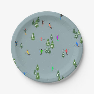 Ski Opening Christmas Skiing Holiday Skiers Blue Paper Plate