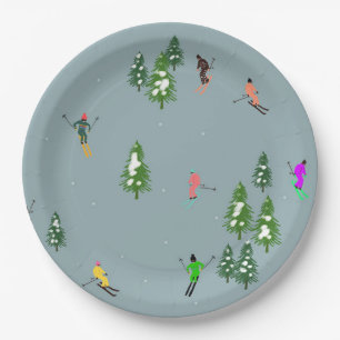  Ski Opening Christmas Skiing Holiday Skiers Blue  Paper Plate