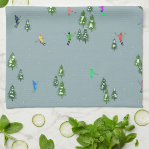 Ski Opening Christmas Skiing Holiday Skiers Blue  Tea Towel