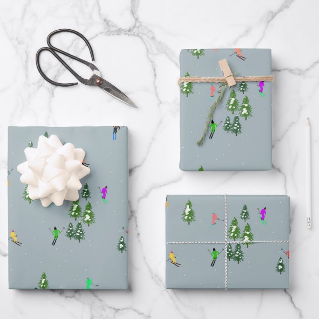  Ski Opening Christmas Skiing Holiday Skiers Blue Wrapping Paper Sheet (Front)