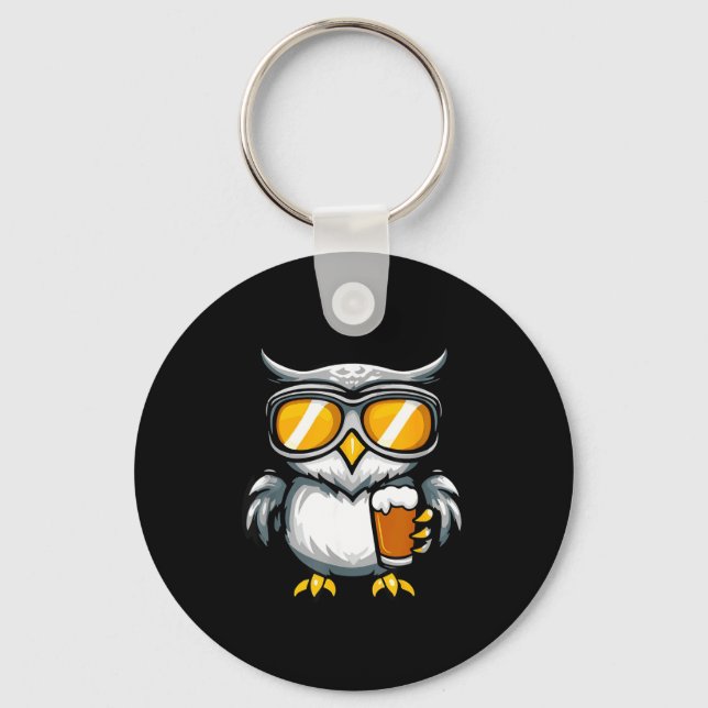 Ski owl with beer _ apres ski comic  key ring (Front)