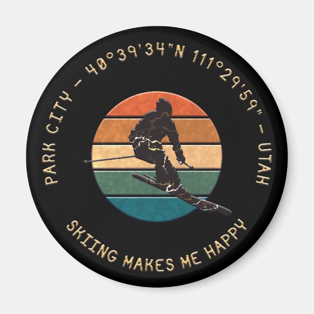 Ski Park City, Utah - Man Skier Golden Text Magnet (Front)