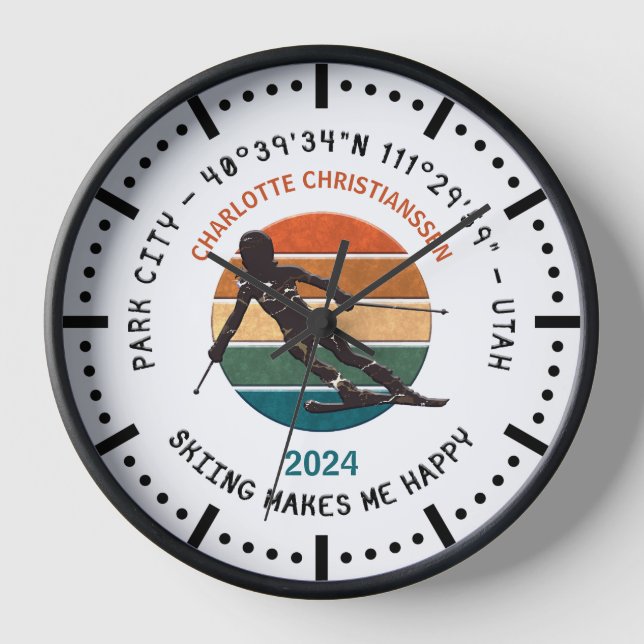 Ski Park City, Utah - Woman Skier, Black Text Clock (Front)