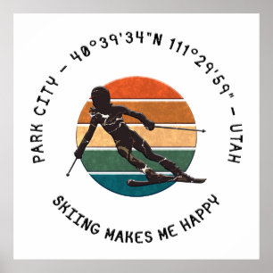 Ski Park City, Utah - Woman Skier, Black Text Poster