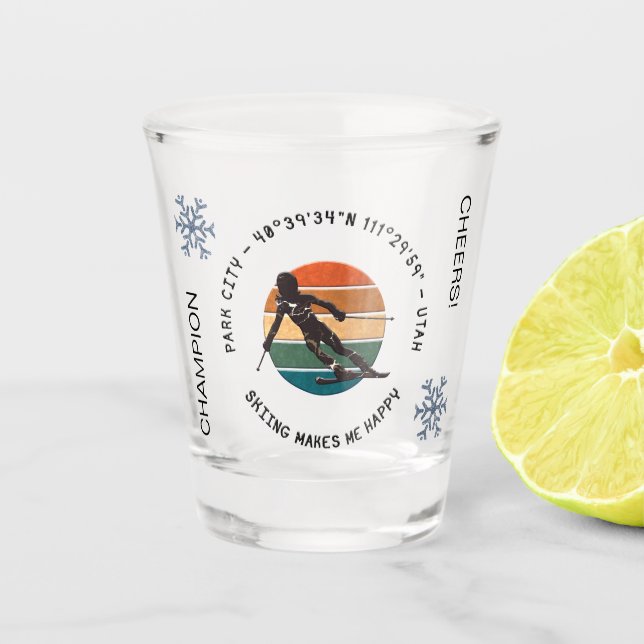 Ski Park City, Utah - Woman Skier, Black Text Shot Glass (Front)