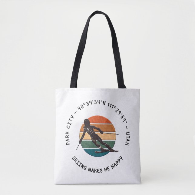 Ski Park City, Utah - Woman Skier, Black Text Tote Bag (Front)