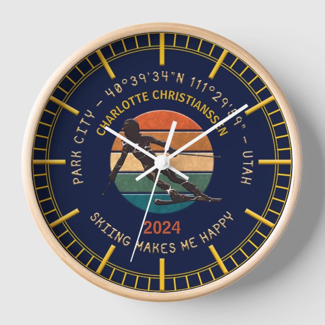 Ski Park City, Utah - Woman Skier, Golden Text Clock (Front)